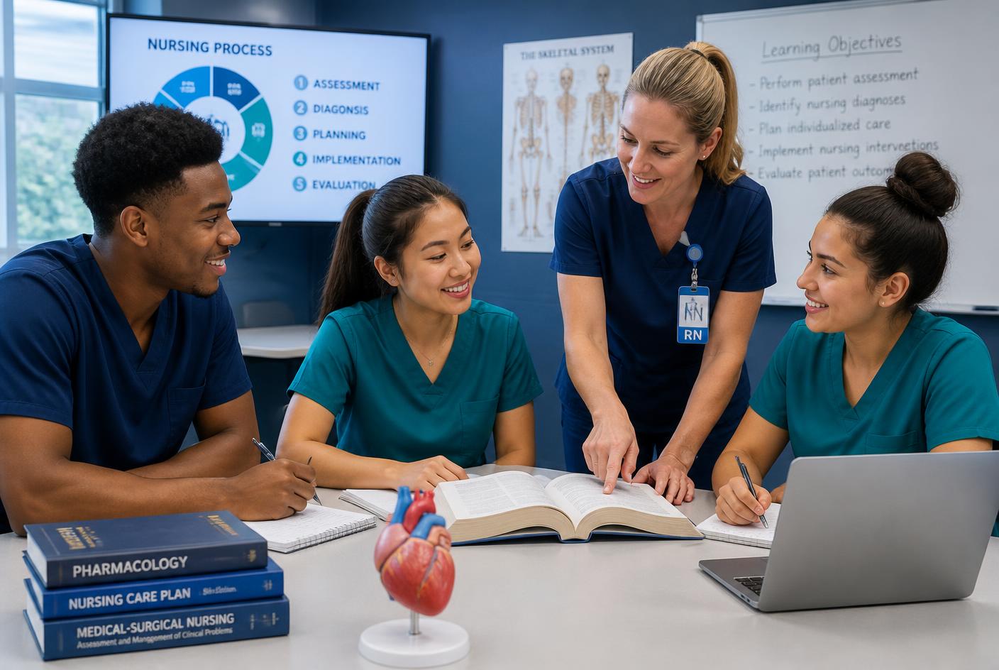 Healthcare students learning with a registered nurse instructor